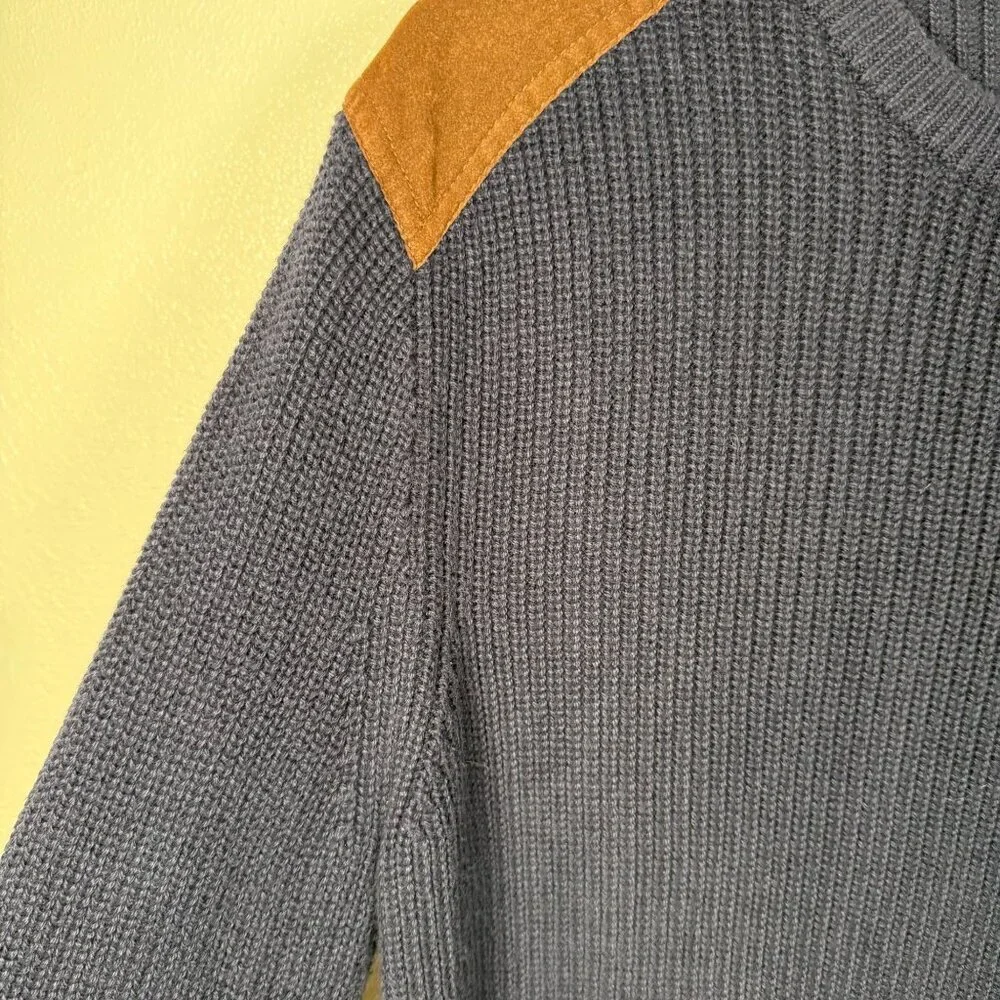 J.Crew Sweater Men's Large Suede Shoulder Patch Blue Woodsman Military Knit